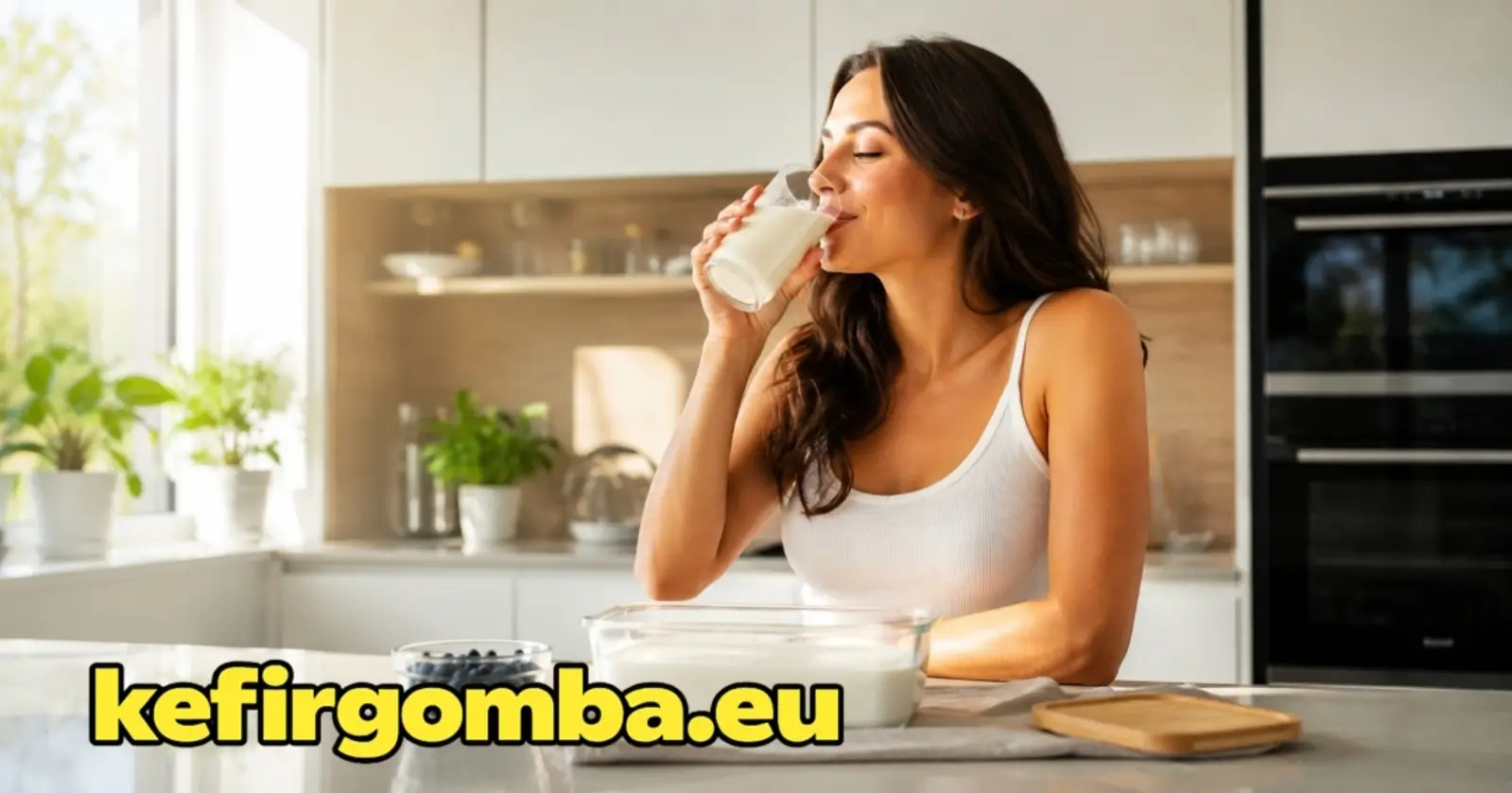 Egy fiatal nő friss házi kefirt iszik egy napsütéses, modern konyhában. Az asztalon üveg ételtartóban fermentálódó Tibeti kefir és egy tál friss áfonya látható.