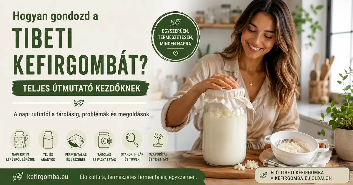 Tibeti kefirgomba gondozása modern konyhában, nővel, kefires üveggel és kefirgombát tartalmazó szűrővel