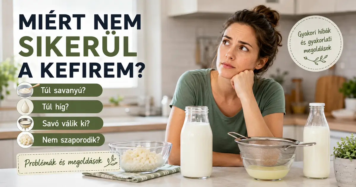 Nő kefirkészítés közben egy üveg tejkefir és tibeti kefirgomba mellett, gyakori kefirkészítési problémákat bemutató útmutató