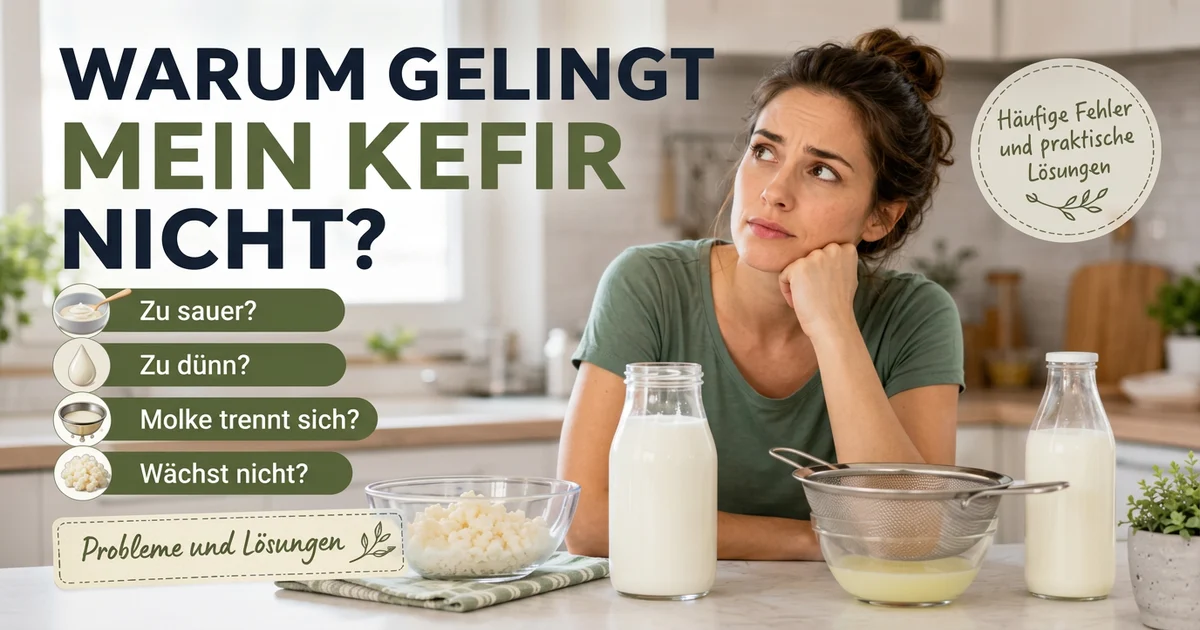 Frau in heller Küche blickt nachdenklich neben Flaschen mit Milchkefir, einer Schale mit tibetischen Kefirkörnern und einem Sieb mit abgesetzter Molke