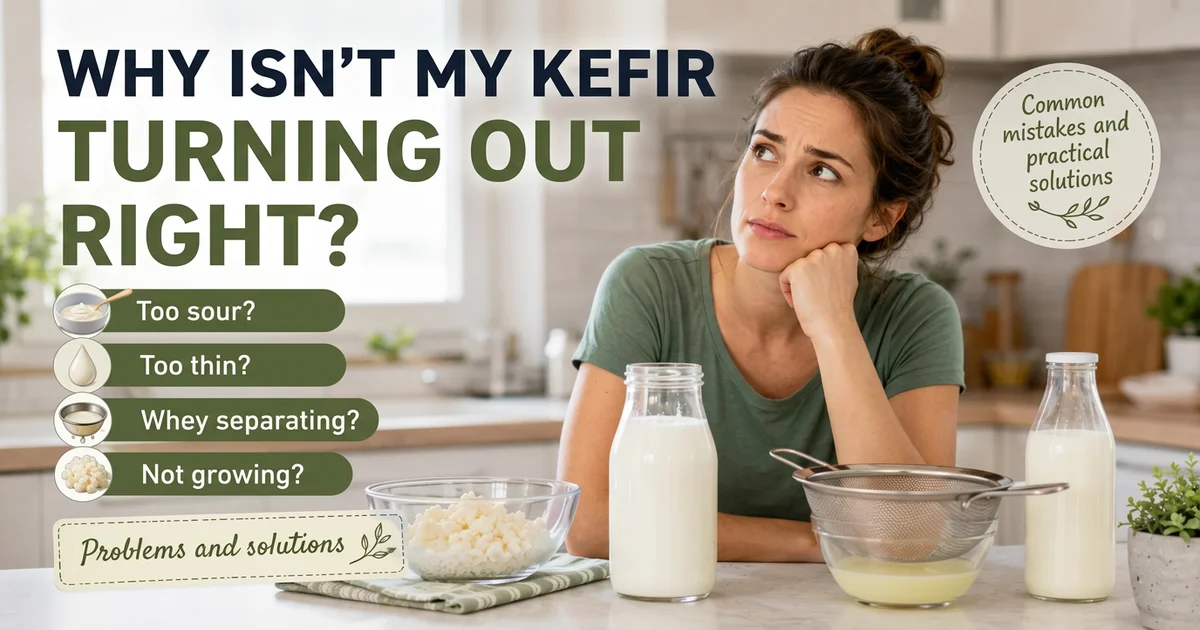 Why isn't my kefir working? Common problems and solutions Woman in a bright kitchen looking puzzled next to bottles of milk kefir, a bowl of Tibetan kefir grains and a strainer with separated whey